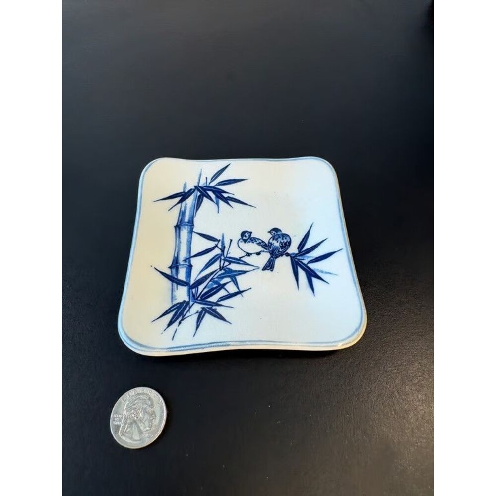 Japanese Blue White Square Dish Bamboo Sparrow Hand Painted Porcelain Kozara
